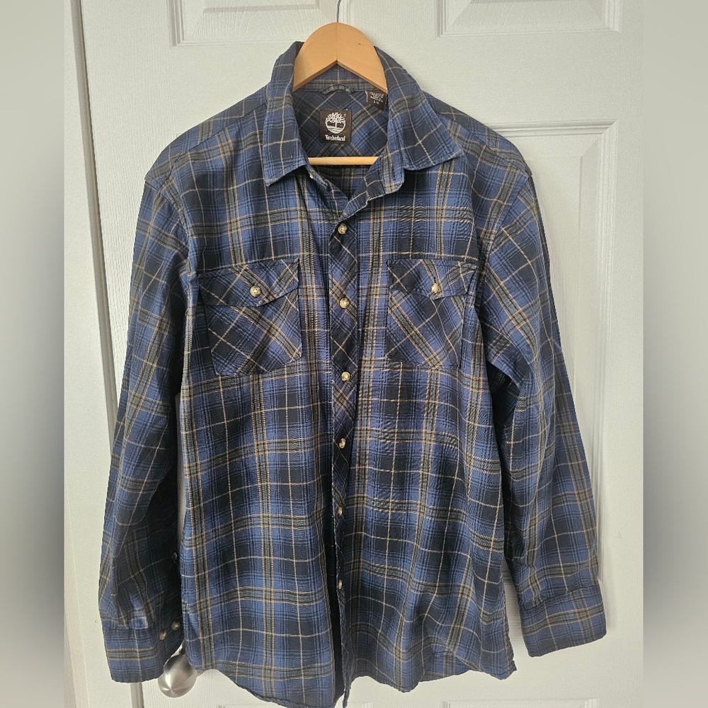 Timberland Navy and Beige Plaid Cotton FlannelShirt